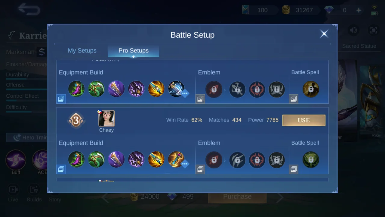 Karrie Pro Setup rank 3 in-game build sample