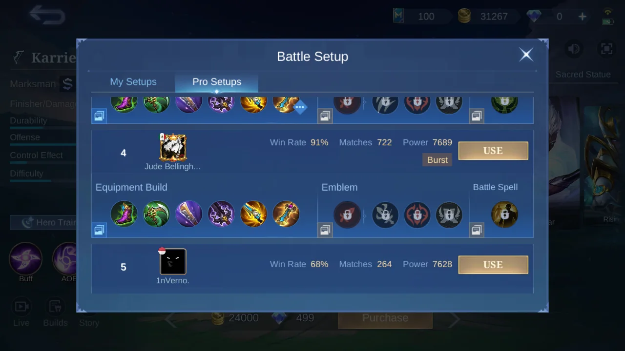 Karrie Pro Setup rank 4 in-game build sample