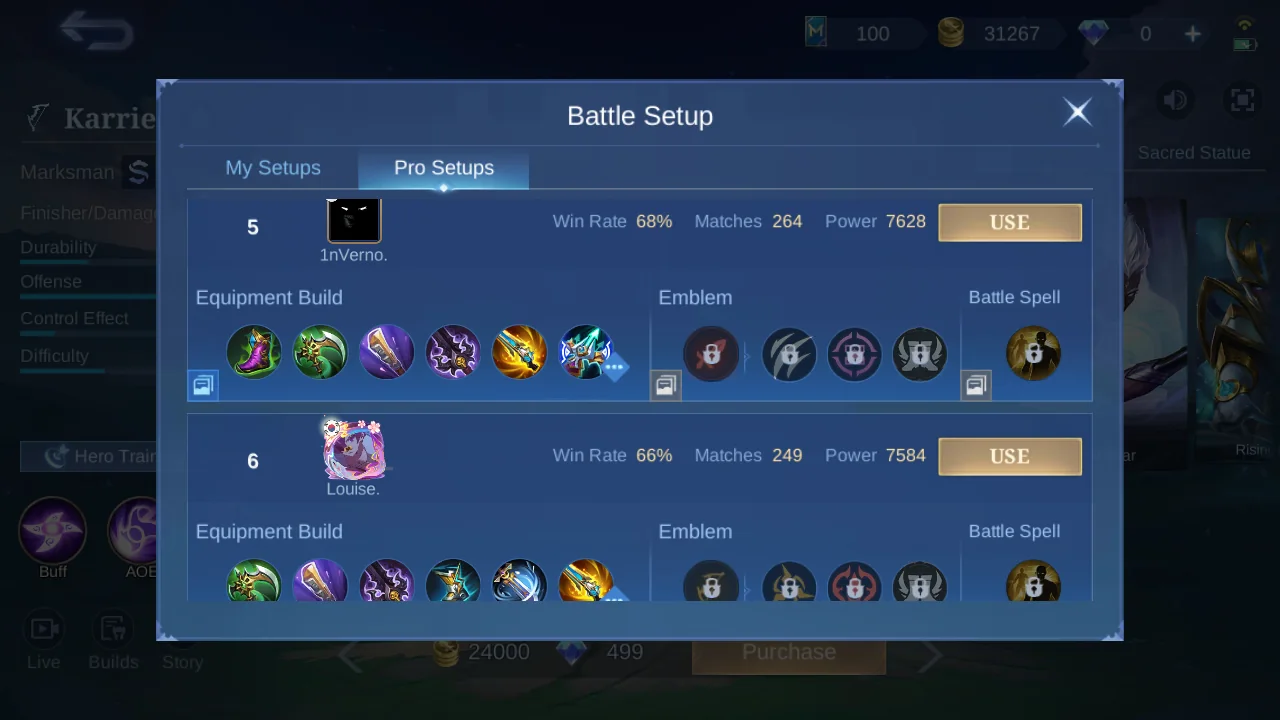 Karrie Pro Setup rank 5 in-game build sample