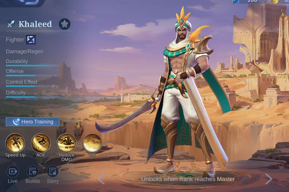 Khaleed hero overview with Fighter role and attribute bars