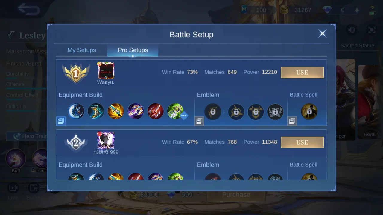 Lesley Pro Setup rank 1 in-game build sample