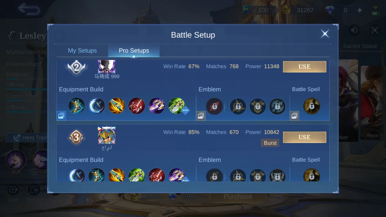 Lesley Pro Setup rank 3 in-game build sample