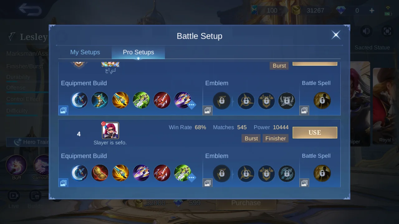 Lesley Pro Setup rank 4 in-game build sample