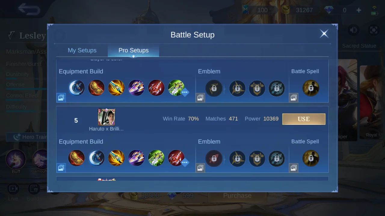 Lesley Pro Setup rank 5 in-game build sample