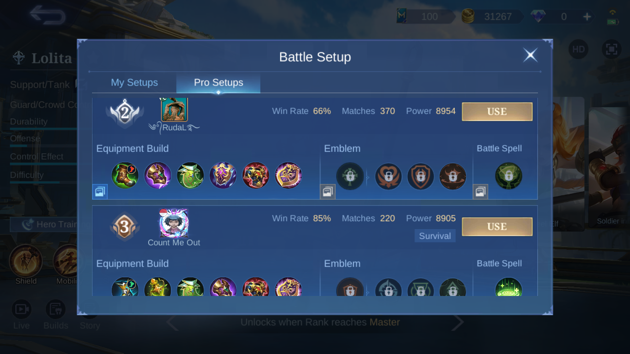 Current in-game Lolita Pro Setup rank 2 snapshot