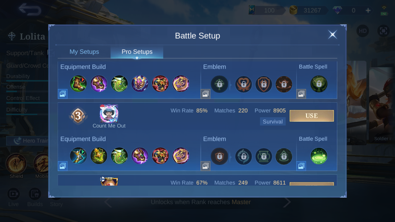 Current in-game Lolita Pro Setup rank 3 snapshot