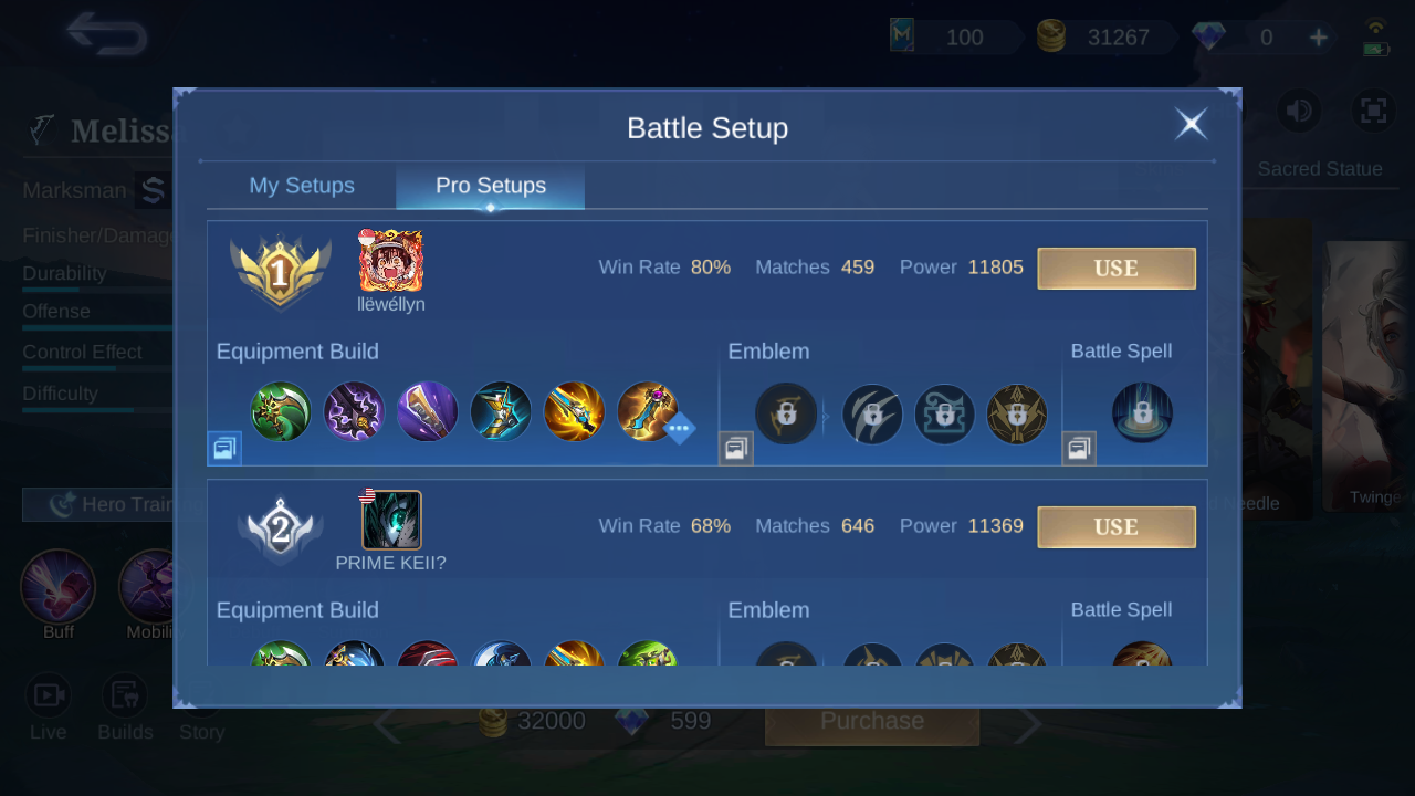 Melissa Pro Setup rank 1 in-game build sample