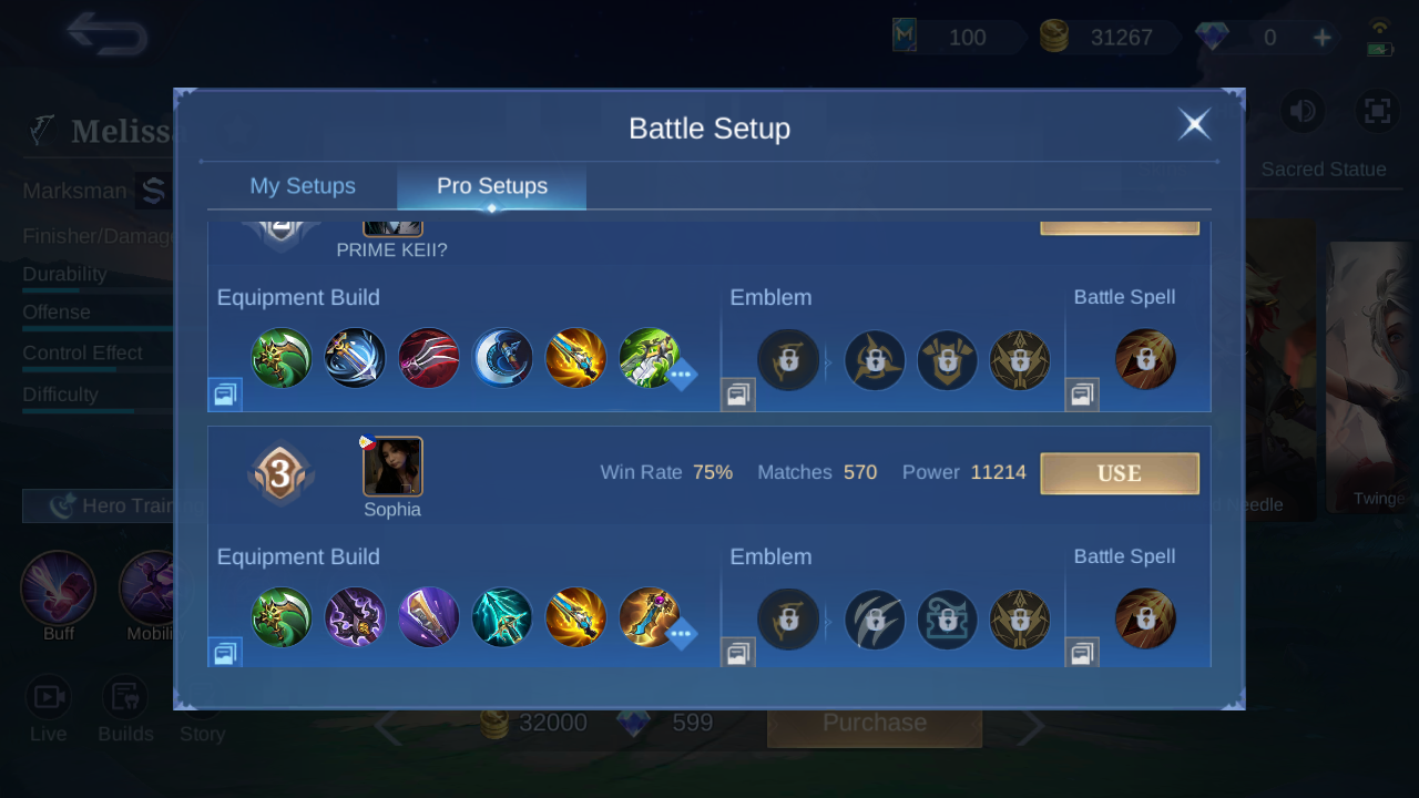 Melissa Pro Setup rank 2 in-game build sample
