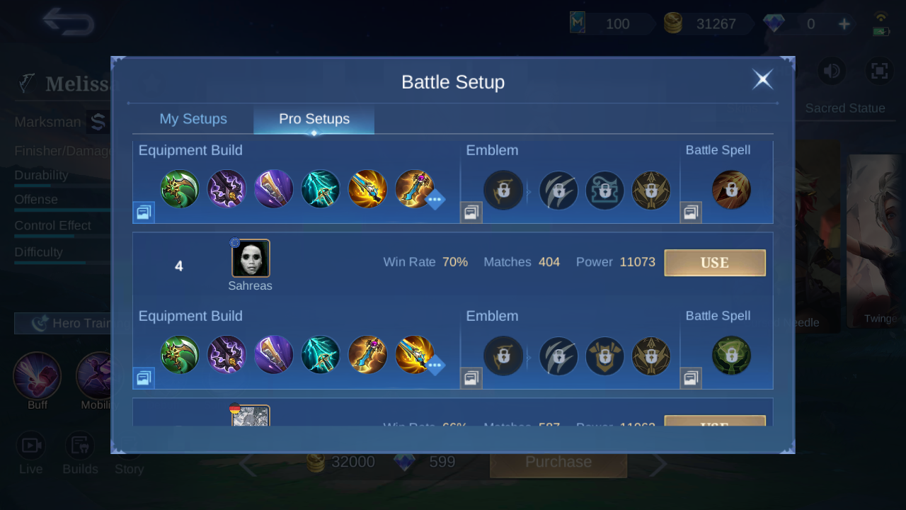 Melissa Pro Setup rank 4 in-game build sample
