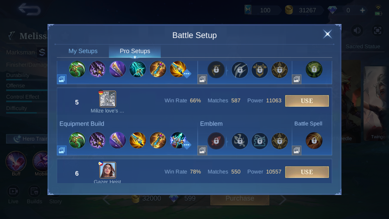 Melissa Pro Setup rank 5 in-game build sample