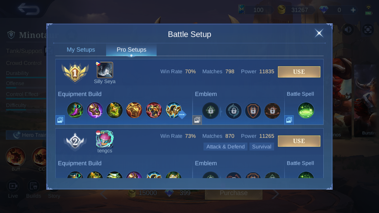Minotaur Pro Setup rank 1 in-game build sample