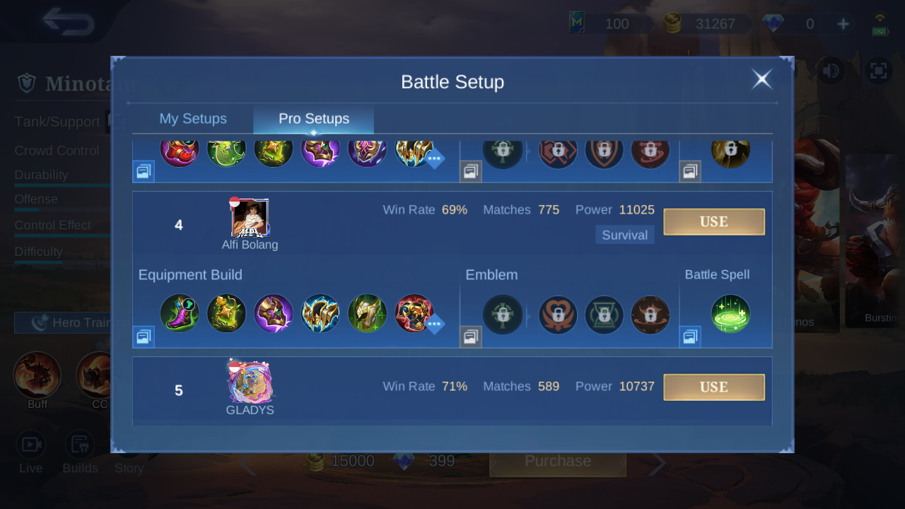 Minotaur Pro Setup rank 3 in-game build sample