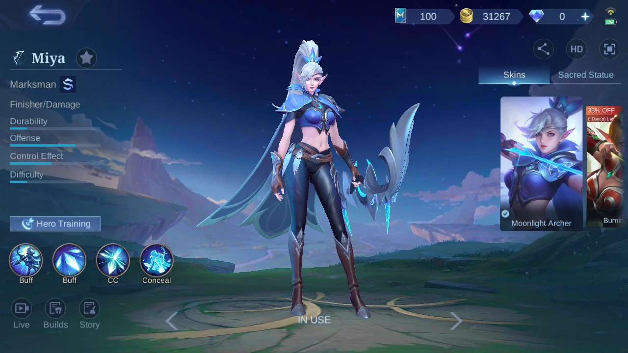 Miya hero page showing role, specialty, attribute bars, and skill icons