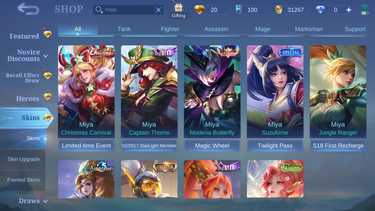 Miya skins displayed in the Mobile Legends skin shop