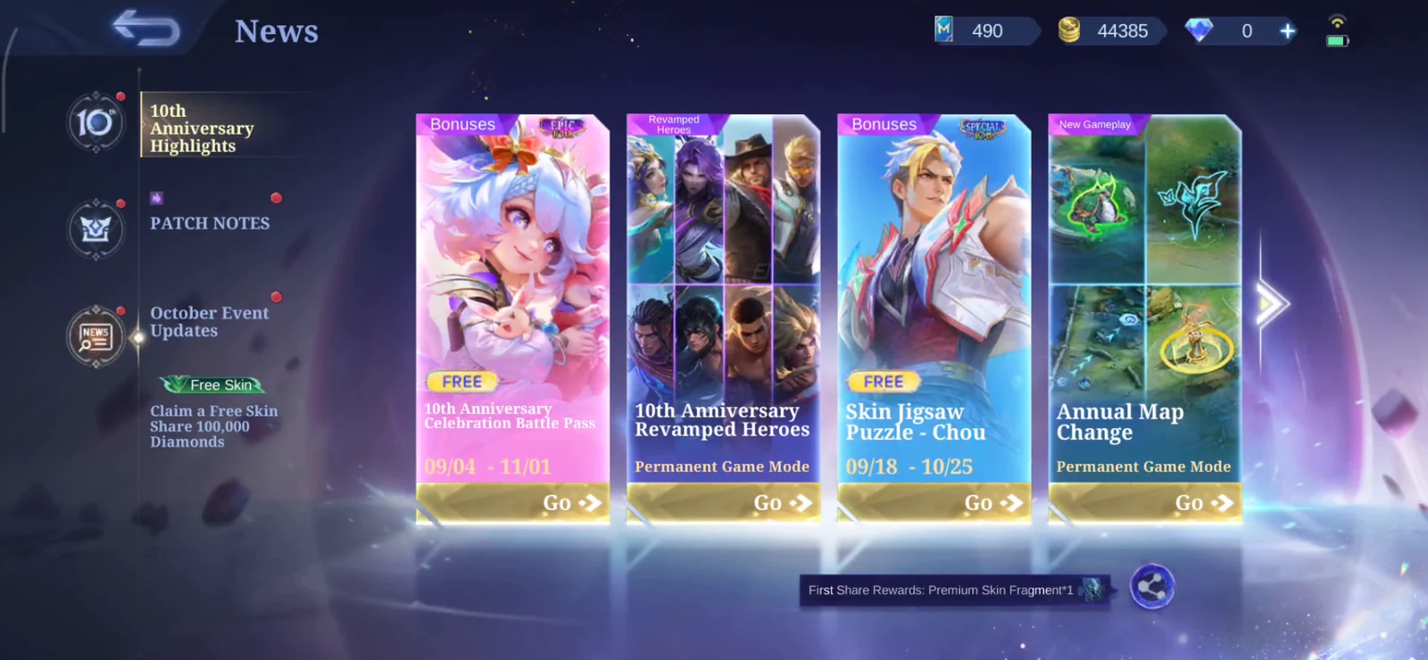 MLBB 10th Anniversary Highlights showing Nana, Chou, Revamped Heroes and Annual Map Change