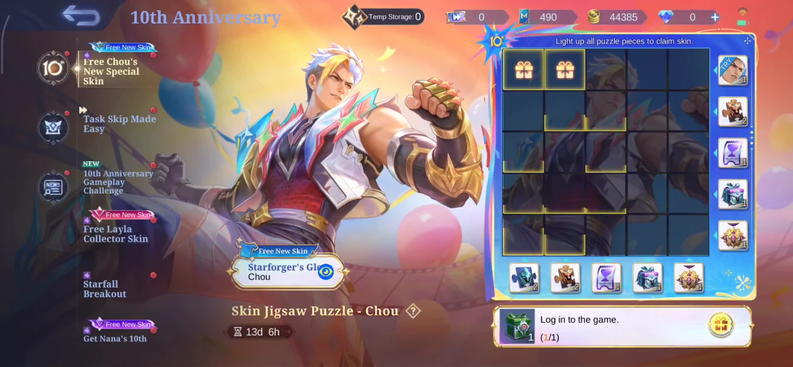 MLBB Chou Skin Jigsaw Puzzle task board with Starforger's Glory reward