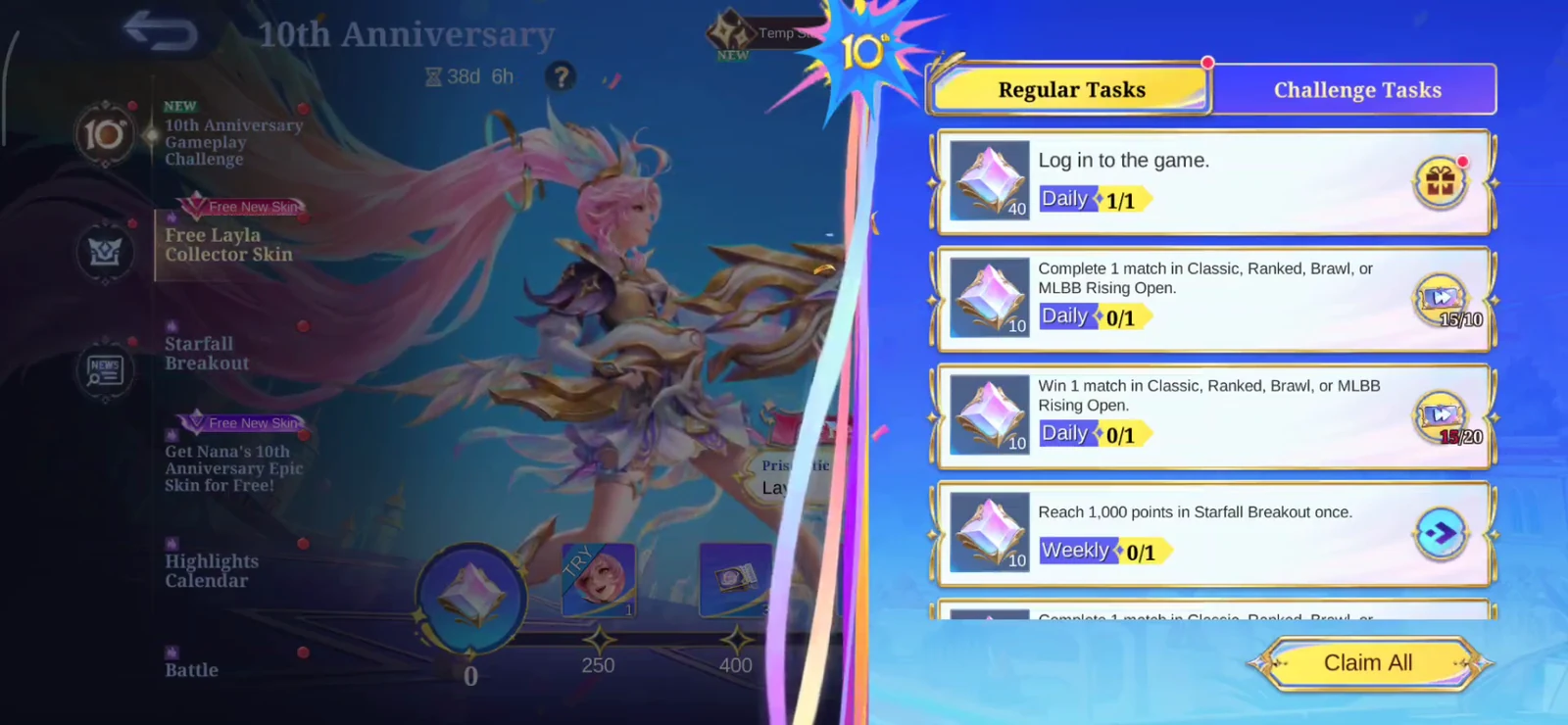 Layla Stellar Core regular tasks with daily login match and Starfall Breakout objectives