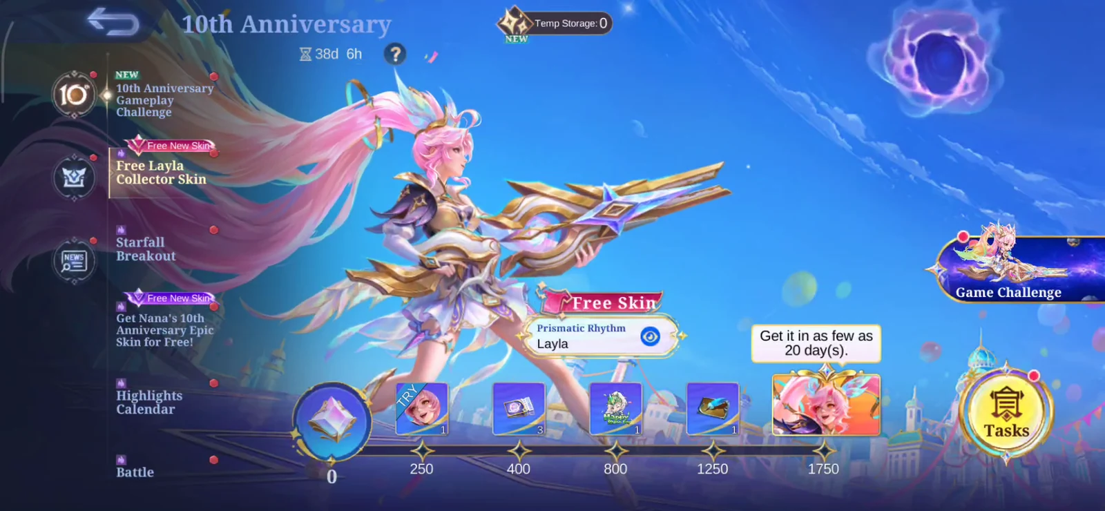 Layla Stellar Gala event page showing the 1,750 Stellar Core Prismatic Rhythm reward
