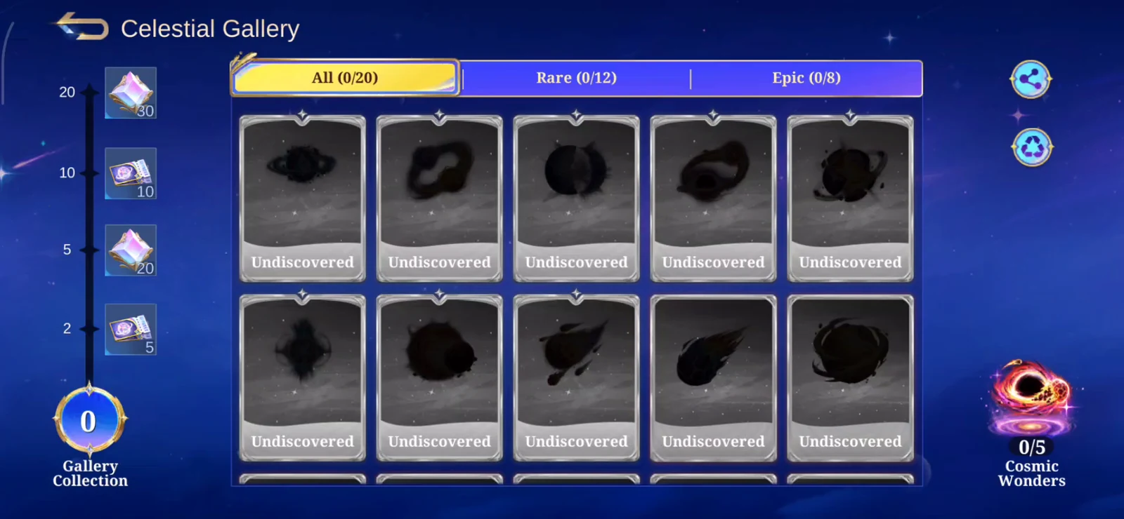 Starfall Breakout Celestial Gallery showing 20 collectibles and milestone rewards