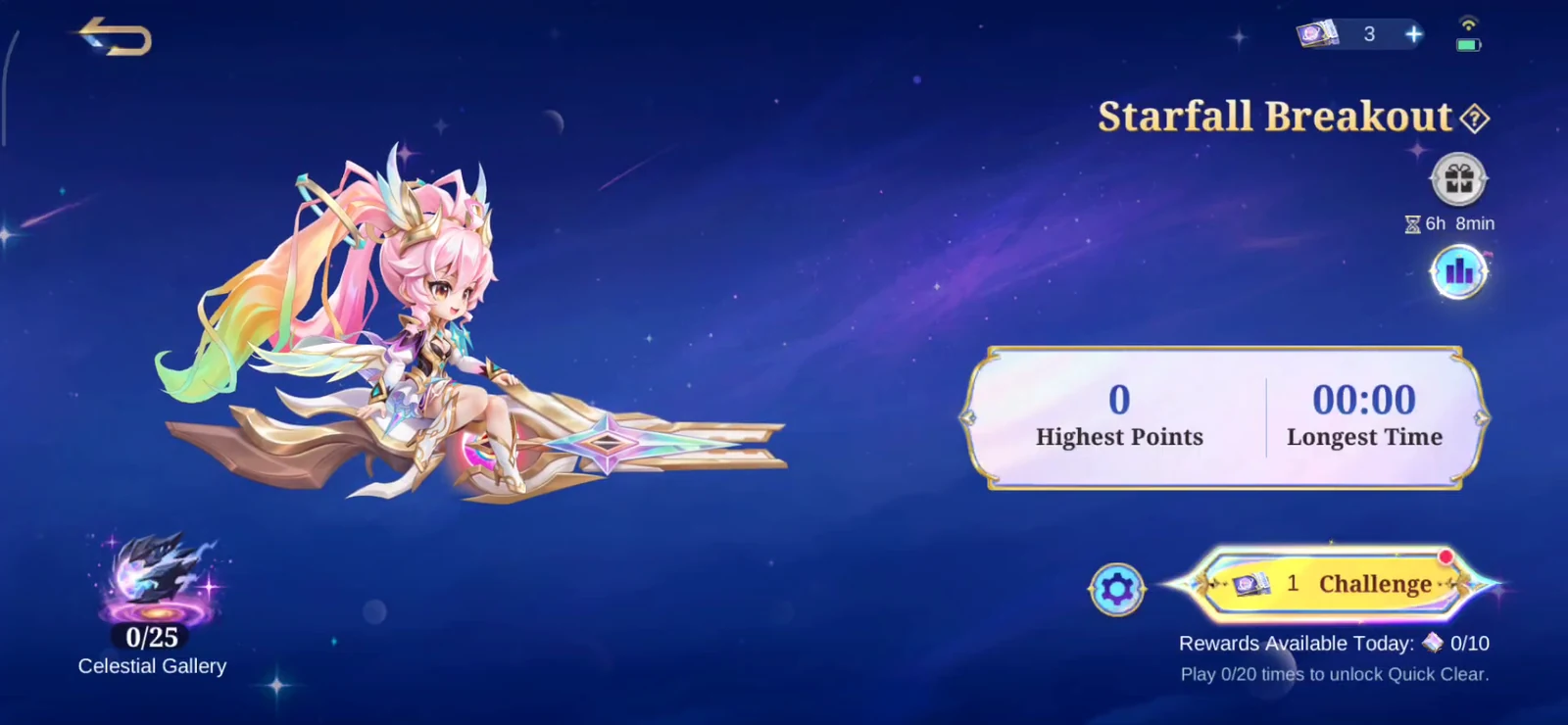 Starfall Breakout challenge page with ticket entry daily rewards and Quick Clear progress