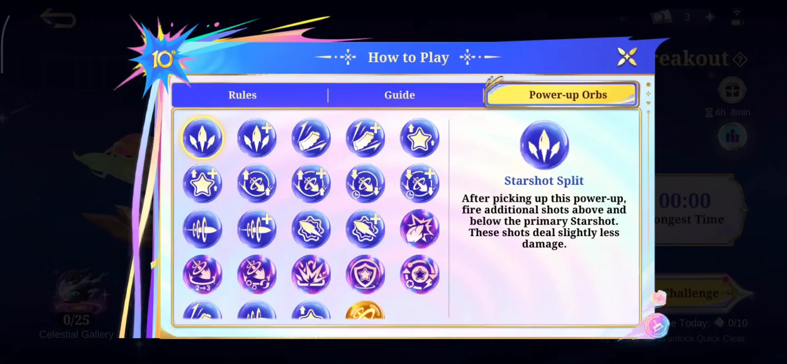 Starfall Breakout Power-up Orbs menu with Starshot Split selected