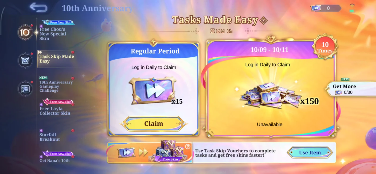 MLBB Tasks Made Easy page showing regular Task Skip Voucher login rewards