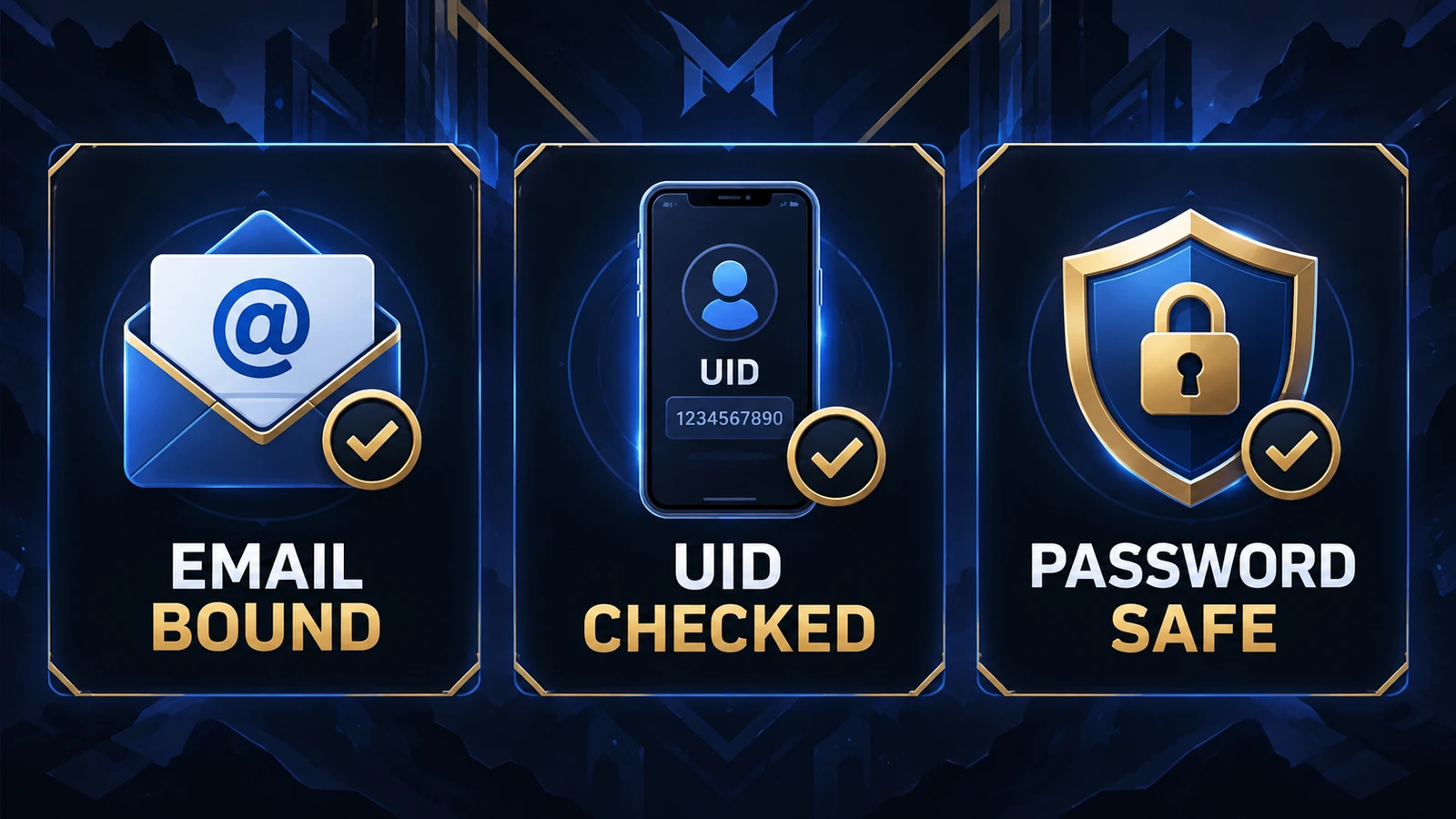 MLBB account safety checklist showing email bound, UID checked, and password safe