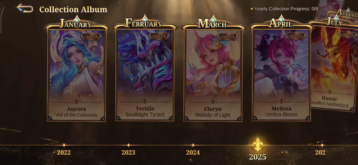 MLBB 2025 Collection Album overview showing January-July entries