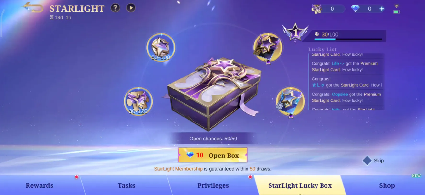 MLBB Starlight Lucky Box showing 10 Diamond open cost and membership guaranteed within 50 draws