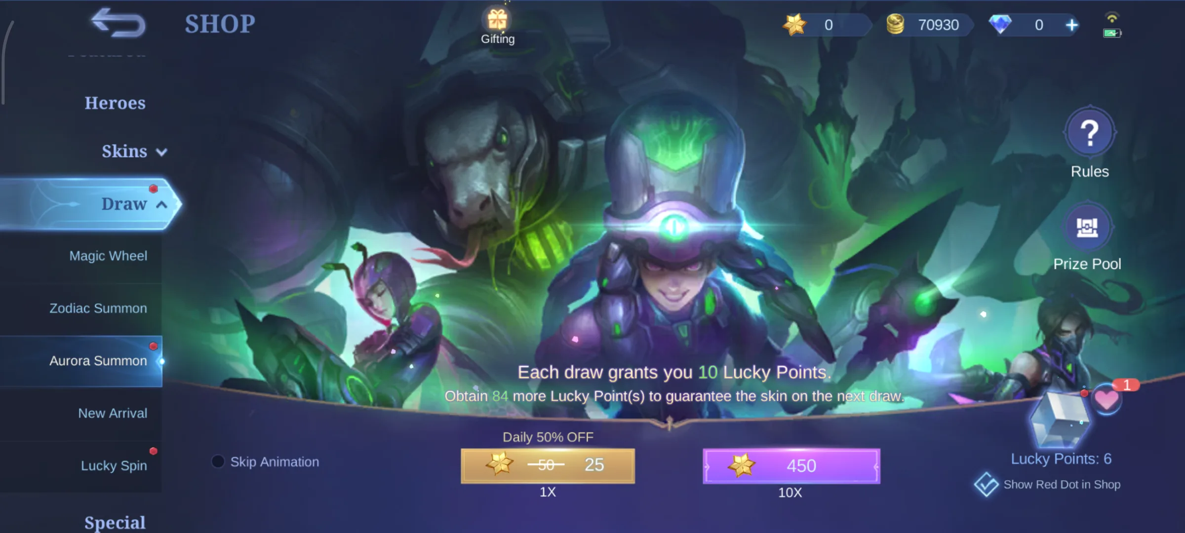 Aurora summon entry showing draw pricing and pool context