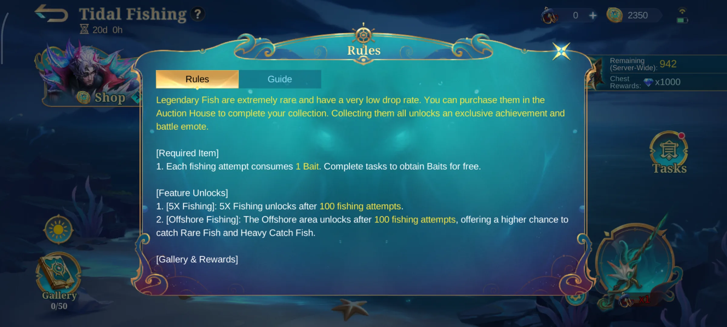 Tidal Fishing rules screen showing Bait and attempt mechanics