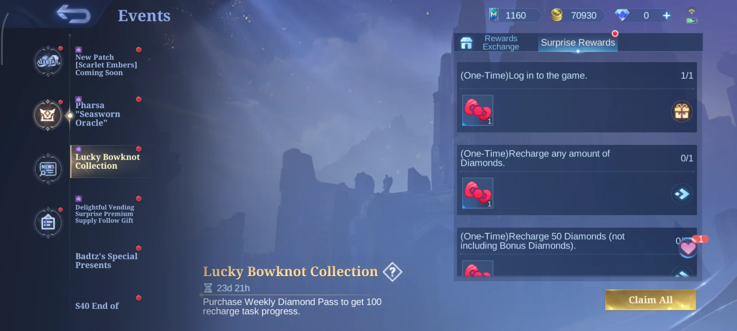 Lucky Bowknot event collection screen showing recharge task context