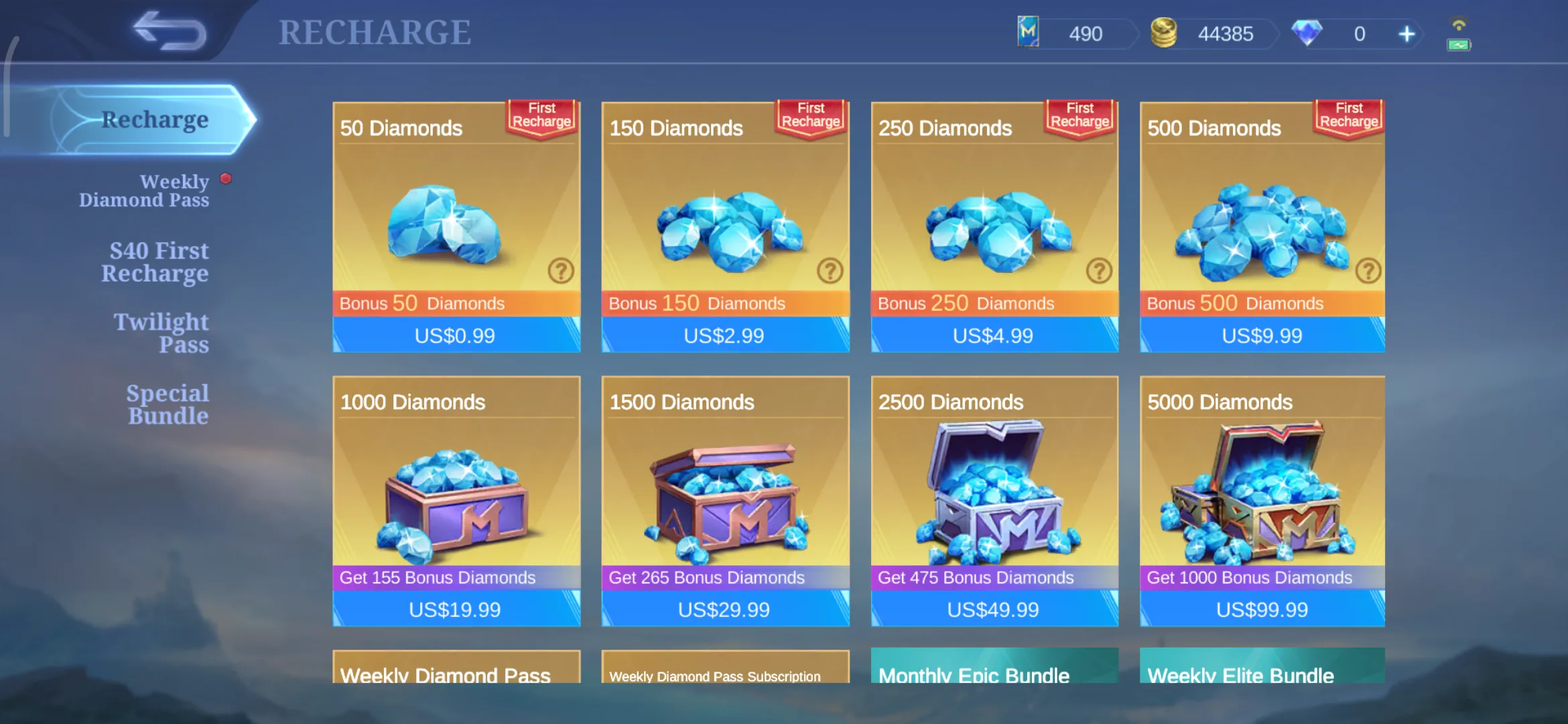 MLBB Recharge screen showing USD Diamond packs and first recharge bonuses