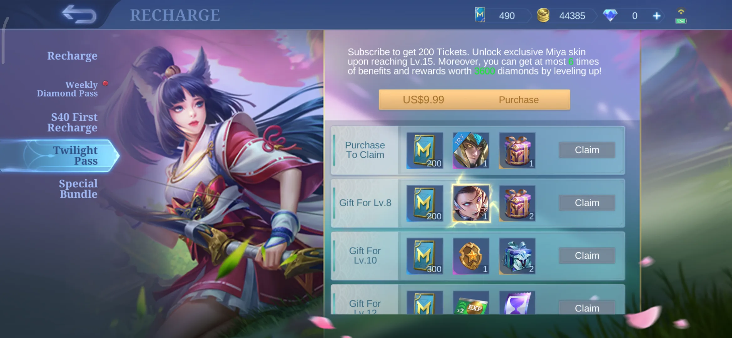 Twilight Pass entry in the Recharge sidebar