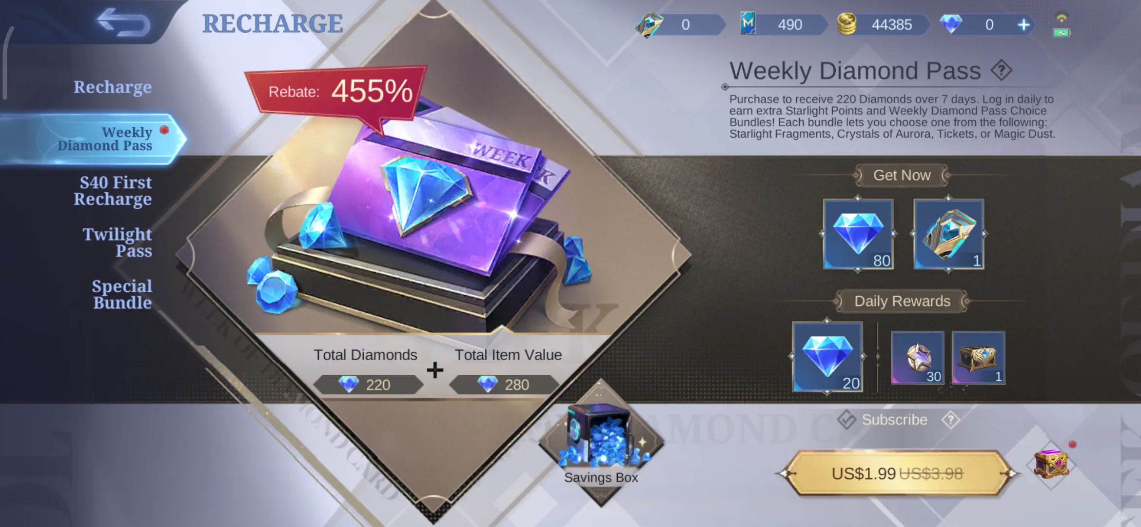 Weekly Diamond Pass sidebar offer in MLBB Recharge