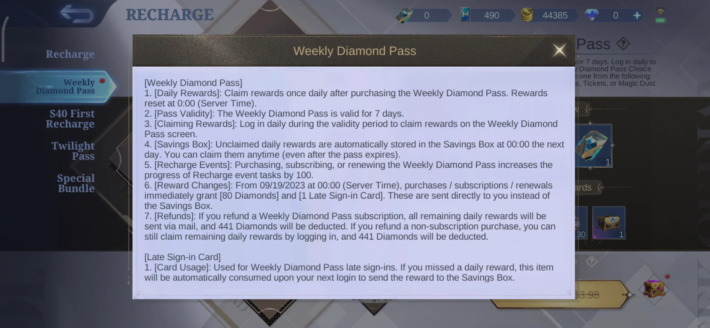 Weekly Diamond Pass rules screen showing claim details