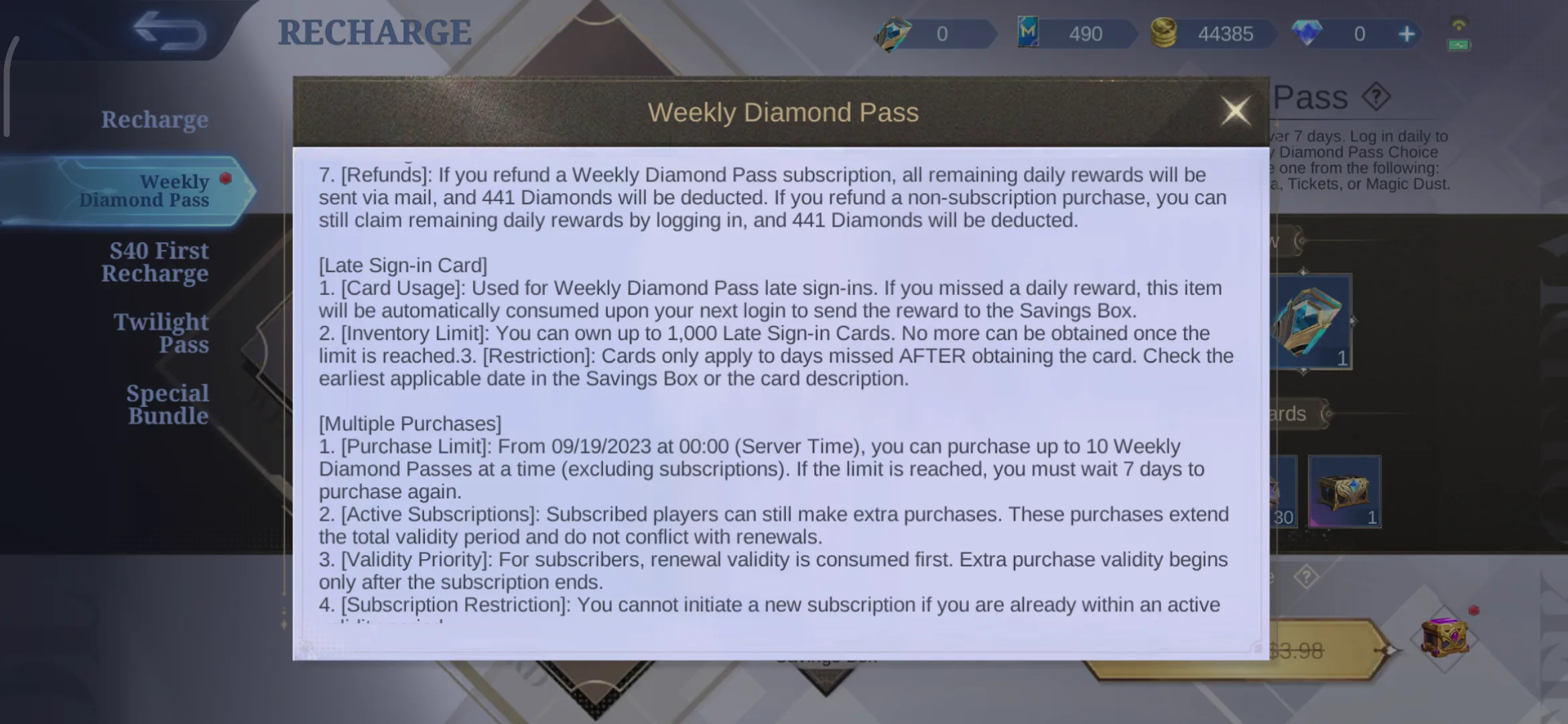 Weekly Diamond Pass rules screen showing claim details