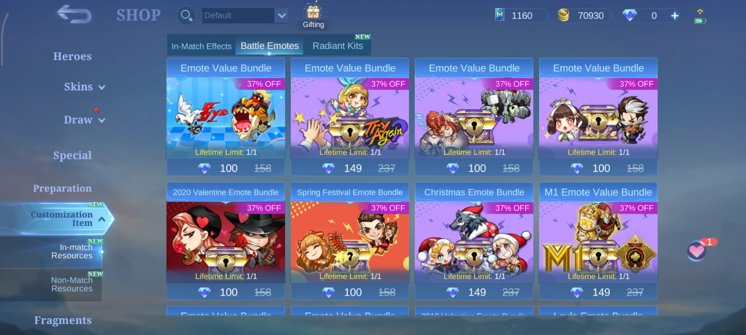 MLBB customization shop showing battle emote pricing context