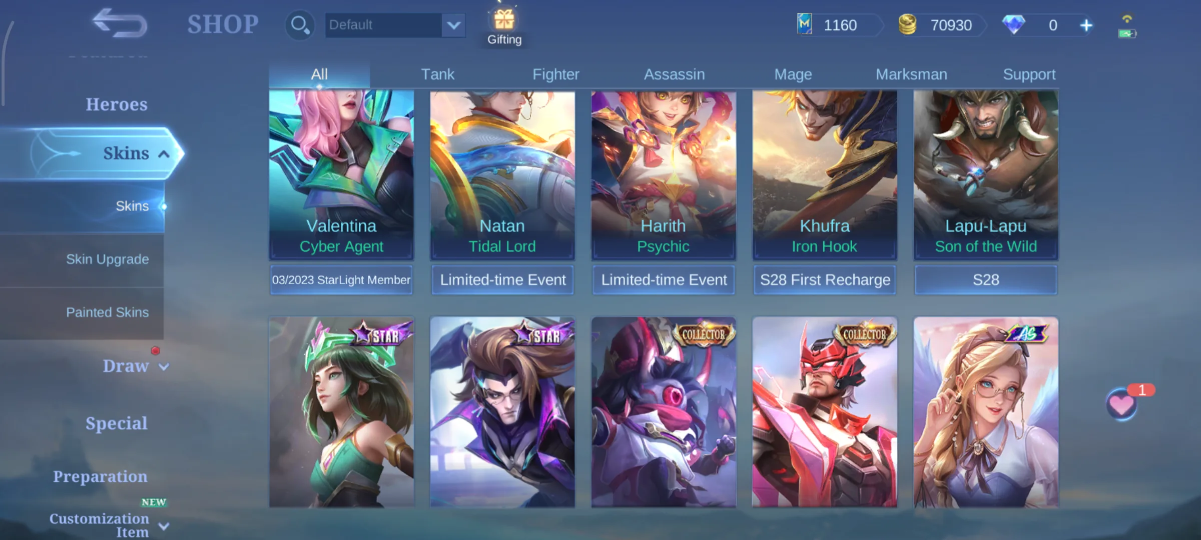 MLBB Shop row showing Collector skin context for Harith Psychic