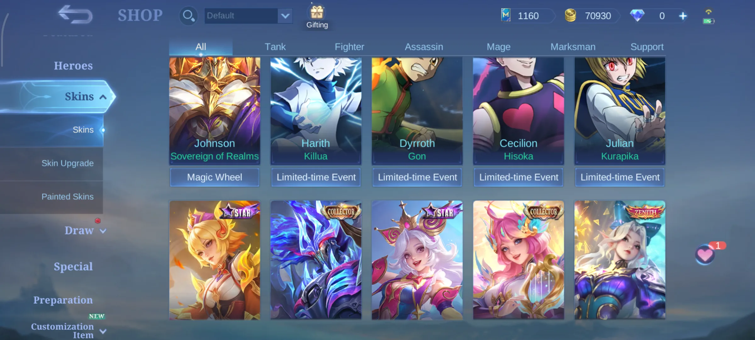 MLBB Shop row showing Harith Killua Collector context