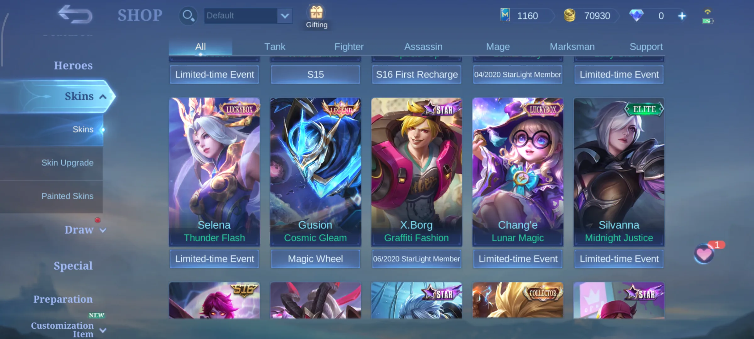 MLBB Shop row showing older Collector and limited-time skin context