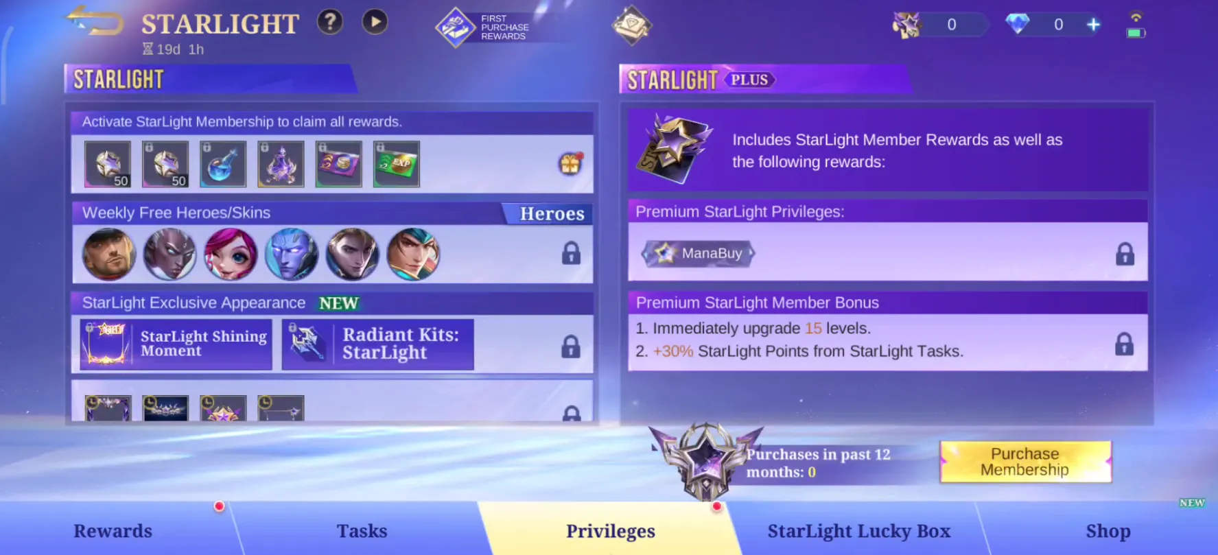 MLBB Starlight Privileges tab showing weekly free heroes or skins, exclusive appearance, Radiant Kits and Plus bonuses