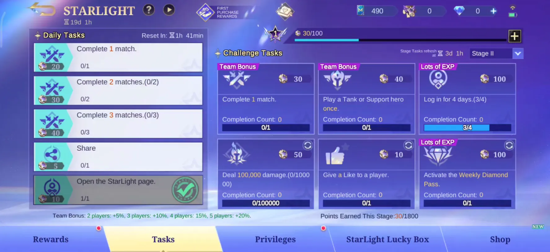 MLBB Starlight Tasks tab showing daily tasks, challenge tasks, point rewards and team bonus