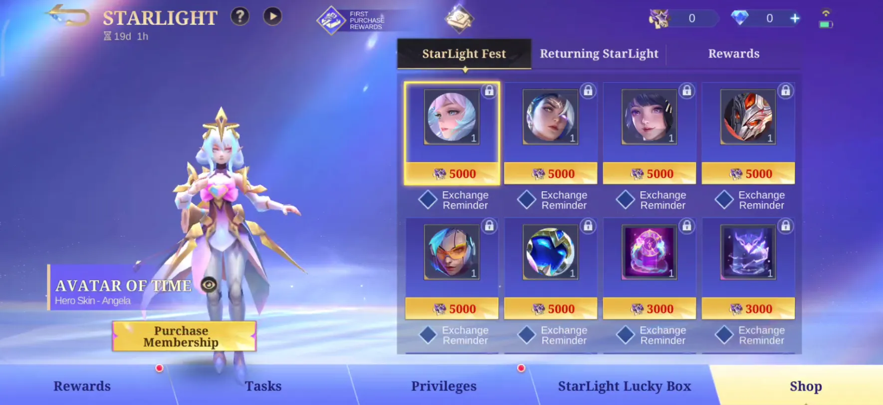 MLBB Starlight Shop tab showing StarLight Fest return items priced at 5000 and 3000 currency