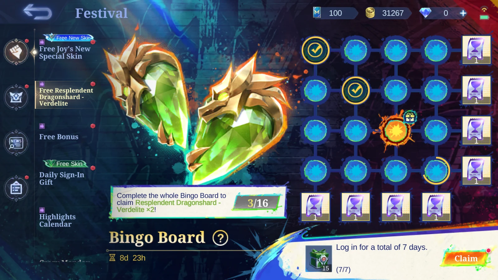MLBB Free Resplendent Dragonshard Bingo Board event showing 8 days 23 hours remaining and 3 of 16 progress
