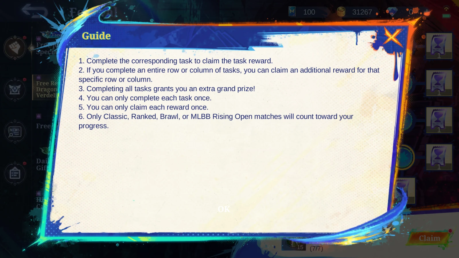 MLBB Free Resplendent Dragonshard guide popup explaining task rewards row rewards column rewards and match modes