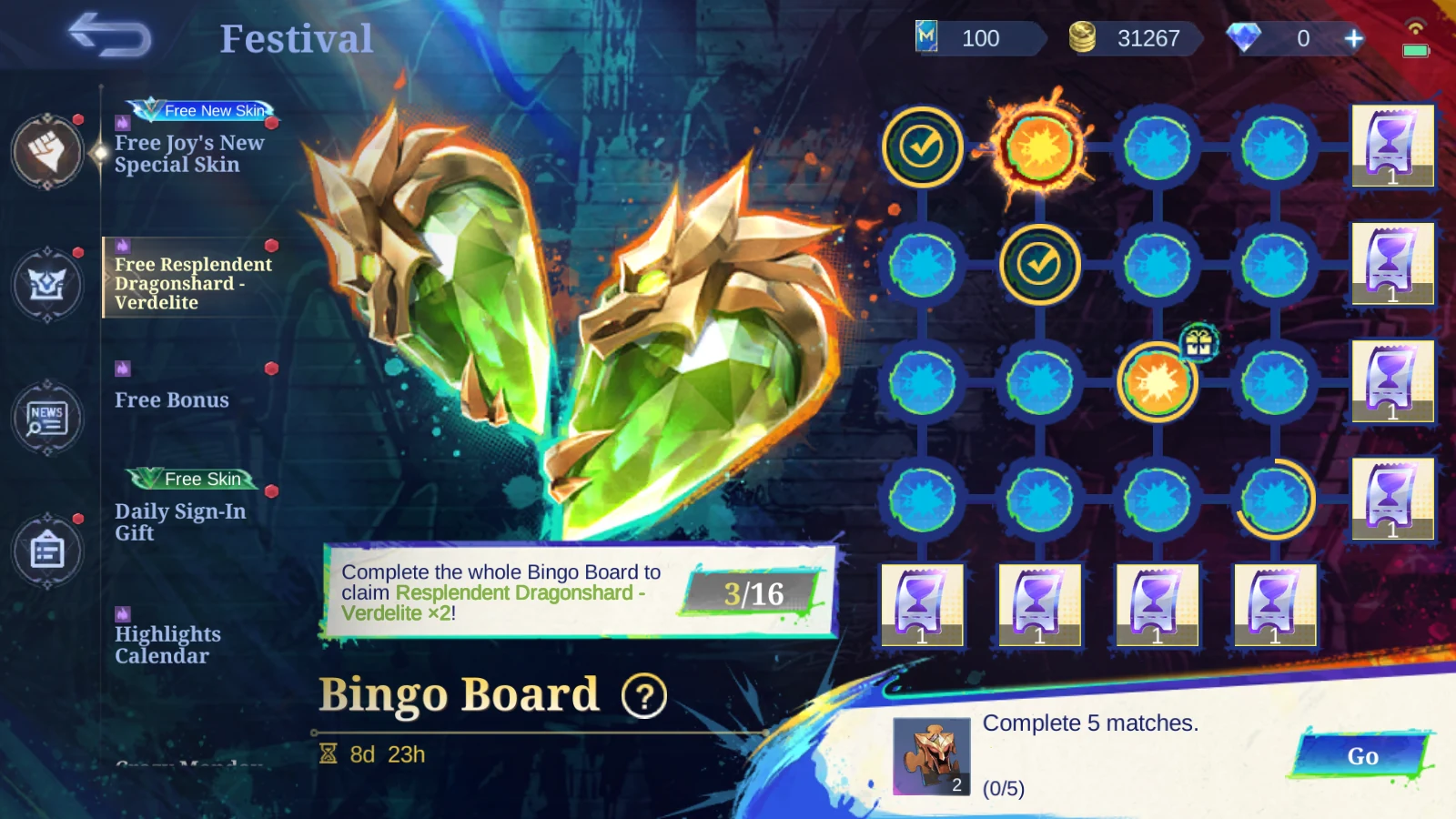 MLBB Bingo Board task showing Complete 5 matches with a Go button and 0 of 5 progress
