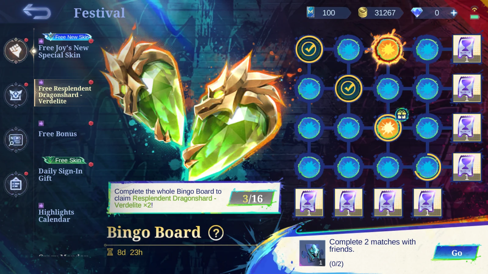 MLBB Bingo Board task showing Complete 2 matches with friends and 0 of 2 progress