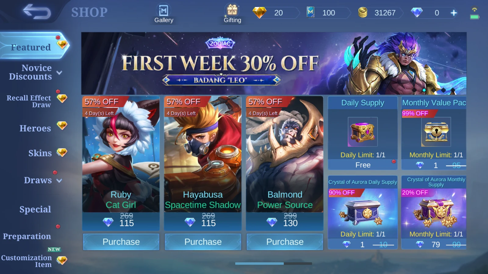 MLBB Shop Featured page showing Mega Sale skin and pack discount tiles on July 23 2026
