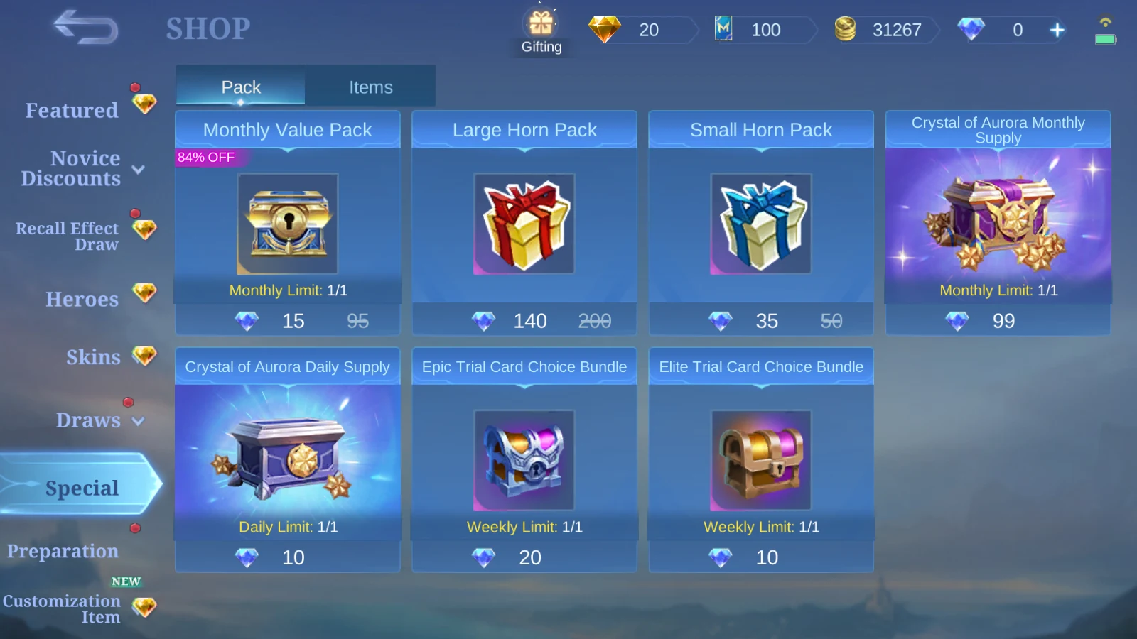 MLBB Special Pack Shop page showing Monthly Value Pack and Crystal of Aurora items on July 23 2026